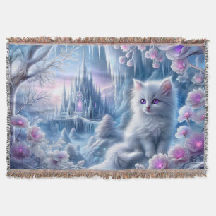 White Kitten in Fantasy Ice Kingdom Throw Blanket