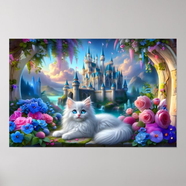 White Kitten in Magical Fantasy Kingdom Poster (Front)