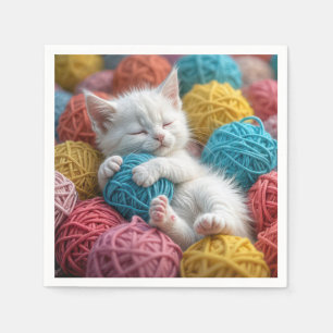 White Kitten In Yarn Balls Napkin