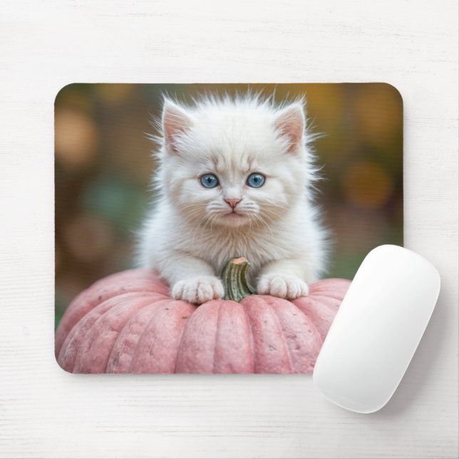 White Kitten On Pink Pumpkin Mouse Mat (With Mouse)