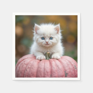 White Kitten On Pink Pumpkin Napkin