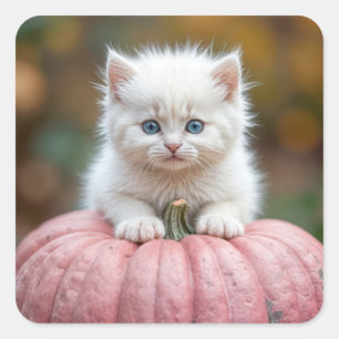 White Kitten On Pink Pumpkin Square Sticker