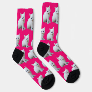 White Kitten Pink Background Socks