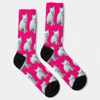 White Kitten Pink Background Socks