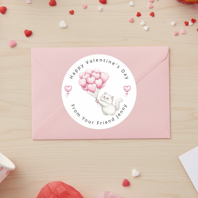 White Kitten Pink Hearts Balloons Valentine's Kids Classic Round Sticker (Creator Uploaded)