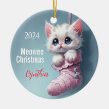 White Kitten Pink Stocking Personalised Ornament 