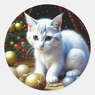 White Kitten Playing with Gold Christmas Ornaments Classic Round Sticker