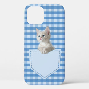 White Kitten pocket blue funny illusion 3D graphic iPhone 12 Case