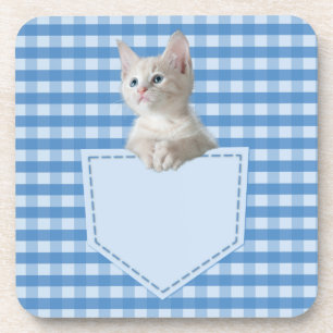 White Kitten pocket blue funny illusion 3D graphic Coaster