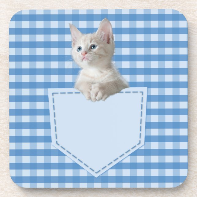 White Kitten pocket blue funny illusion 3D graphic Coaster (Front)