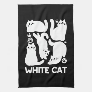 White Kitten Silhouettes - Cute Feline Design Tea Towel