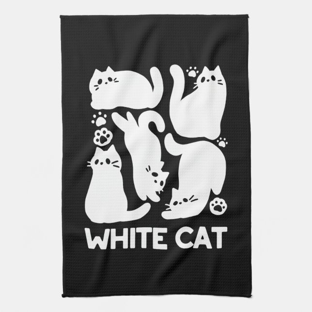 White Kitten Silhouettes - Cute Feline Design Tea Towel (Vertical)