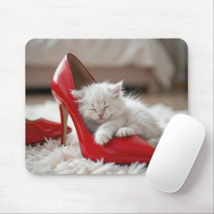 White Kitten Sleeping in a Red Shoe Mouse Mat