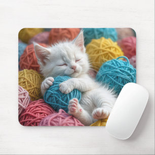 White Kitten Sleeping In Yarn Balls Mouse Mat