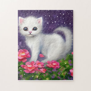 White Kitten Surrounded by Flowers Jigsaw Puzzle
