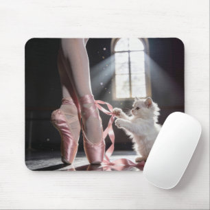 White Kitten Untying a Ballerina Slipper Mouse Mat
