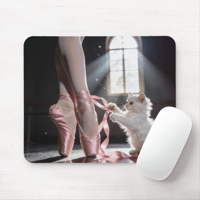 White Kitten Untying a Ballerina Slipper Mouse Mat (With Mouse)
