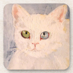 White Kitten with Blue Eye and Green Eye Beverage Coaster