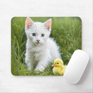 White Kitten With Duckling Mouse Mat
