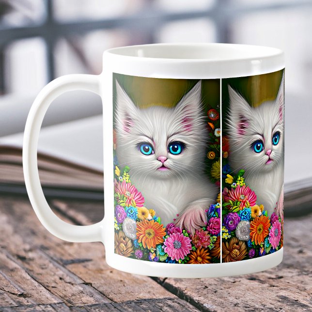 White Kitten With Flowers Coffee Mug (Creator Uploaded)