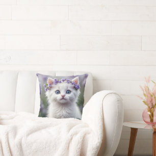 White Kitten With Lilac Laurel Cushion