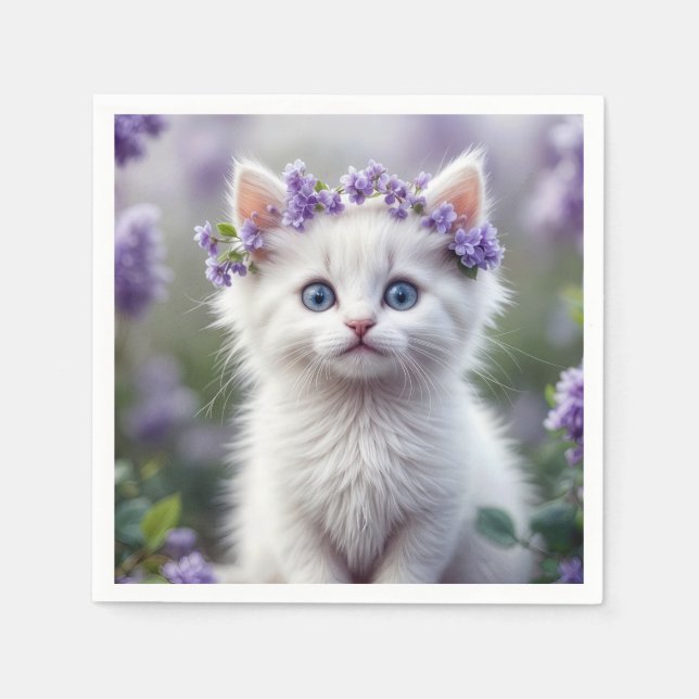 White Kitten With Lilac Laurel Napkin (Front)