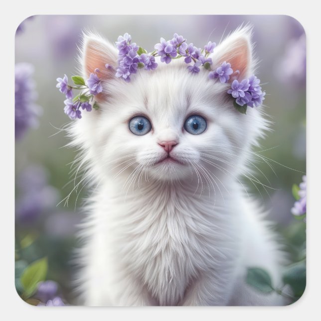 White Kitten With Lilac Laurel Square Sticker (Front)