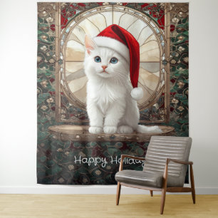 White Kitten with Santa Hat Backdrop Tapestry
