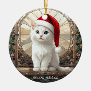 White Kitten with Santa Hat Ceramic Tree Decoration