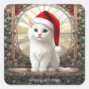 White Kitten with Santa Hat Stickers