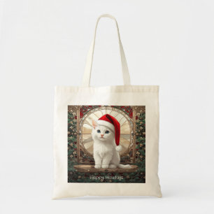 White Kitten with Santa Hat Tote Bag