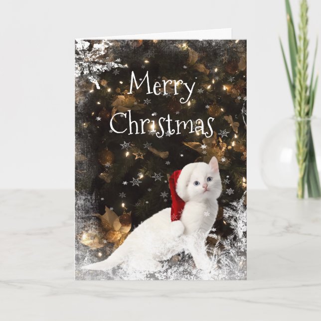 White kitty cat Christmas Holiday Card (Front)