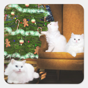 White Kitty cat Christmas Square Sticker