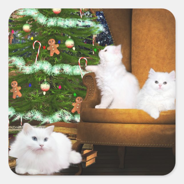 White Kitty cat Christmas Square Sticker (Front)