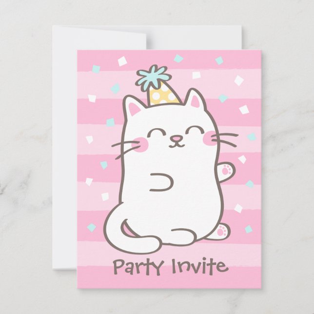 White Kitty Cat Girls Birthday Party Invitations (Front)