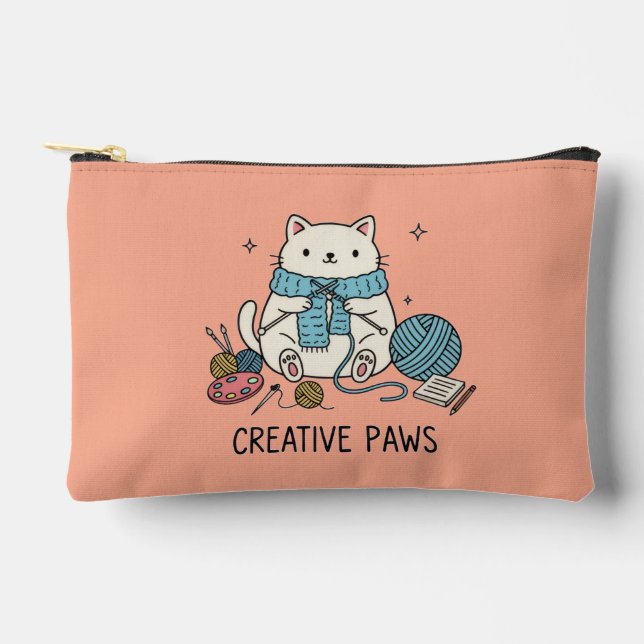 White Kitty Cat Knitting Creative Paws Coral Art Accessory Pouch (Front)