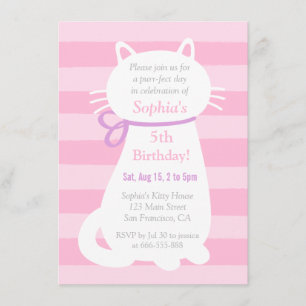 White Kitty Cat Pink Stripes Girls Birthday Party Invitation