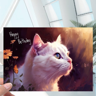 White Kitty Cat with Flowers + Butterfly Birthday Card
