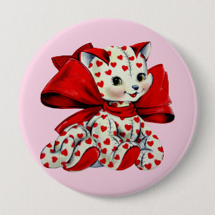White kitty Cat With hearts Vintage Valentines Art 10 Cm Round Badge
