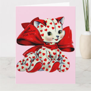 White kitty Cat With hearts Vintage Valentines Art Card