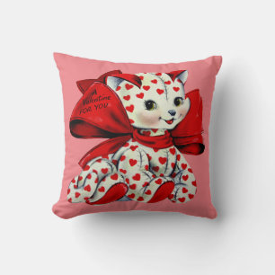 White kitty Cat With hearts Vintage Valentines Art Cushion