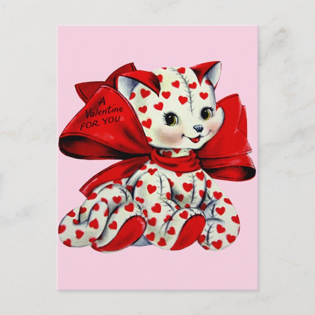 White kitty Cat With hearts Vintage Valentines Art Postcard (Front)
