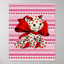 White kitty Cat With hearts Vintage Valentines Art