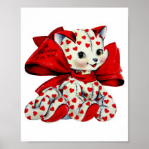 White kitty Cat With hearts Vintage Valentines Art