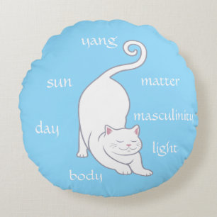 White Kitty Cat Yoga & Editable Text on Turquoise Round Cushion