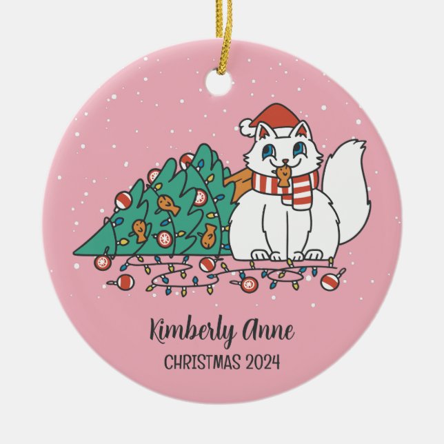 White Kitty Christmas Cat Snowy Winter Holiday Ceramic Tree Decoration (Front)