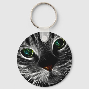 White Kitty Face Abstract Fractal Kitty Key Ring