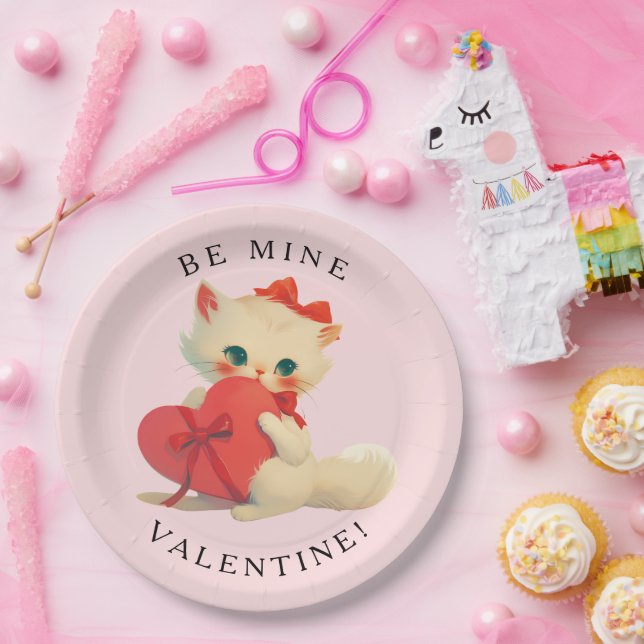 White Kitty Vintage Be Mine Valentine Paper Plate (Party)