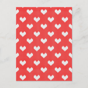 White Knit Hearts Pattern on Red Love Postcard