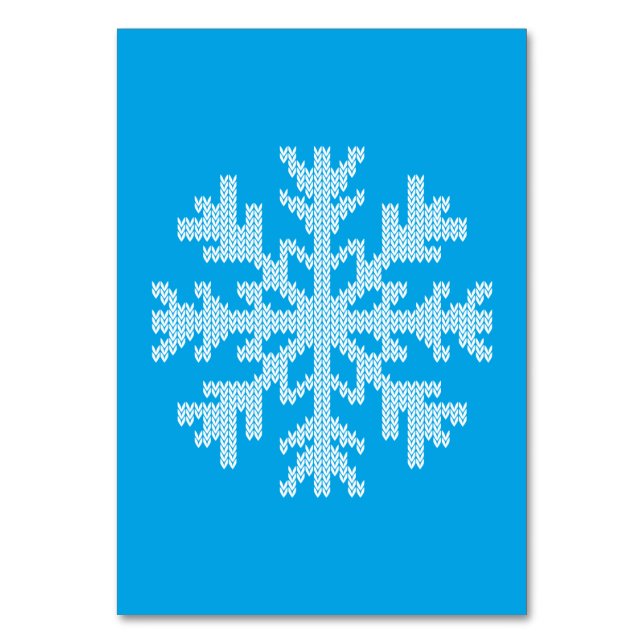White Knit Snowflake on Sky Blue Table Number (Front)